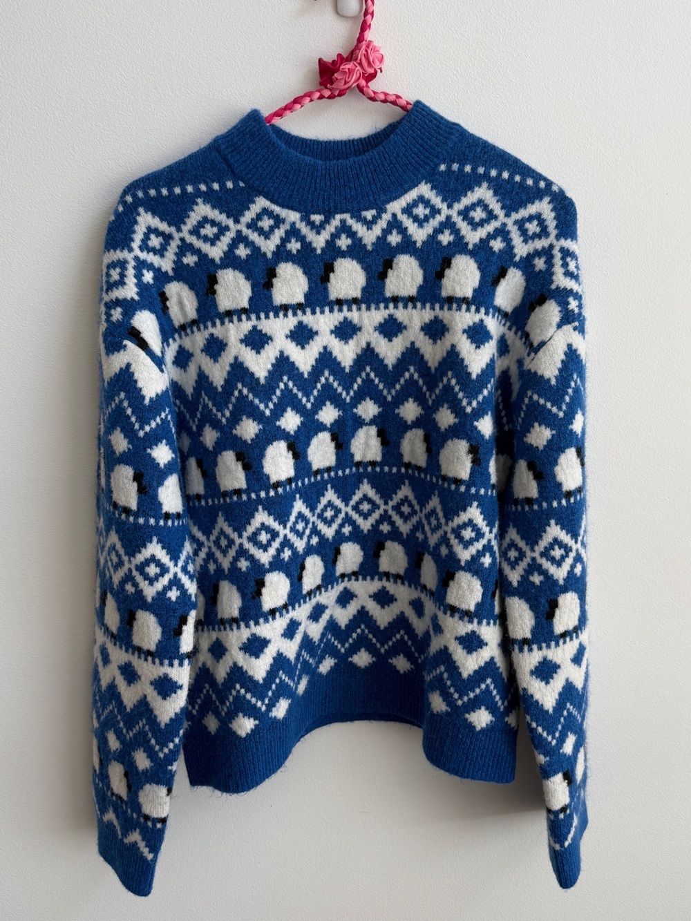 H&M Jacquard-Knit Fair Isle sweater featuring a blue and white sheep pattern _xs